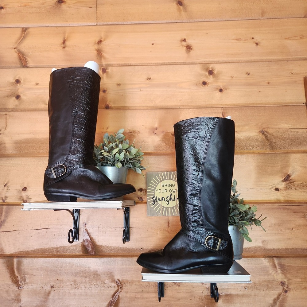 Vintage Connie Sport Shimmer Boots Black Croc Embossed Leather Heel Rare Sz 6.5B